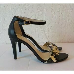 Aldo Black Sandals 6.5 M Stilettos Heel Ankle Strap Faux Leather Animal Print